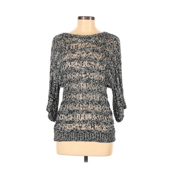 Chico's Pullover Black Silver Metallic Sequin Open Knit Sweater Size Medium (1) - Picture 1 of 2